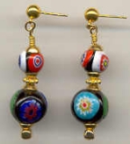 Millefiori Two Bead  Round Dangle Earrings in Silver or Gold